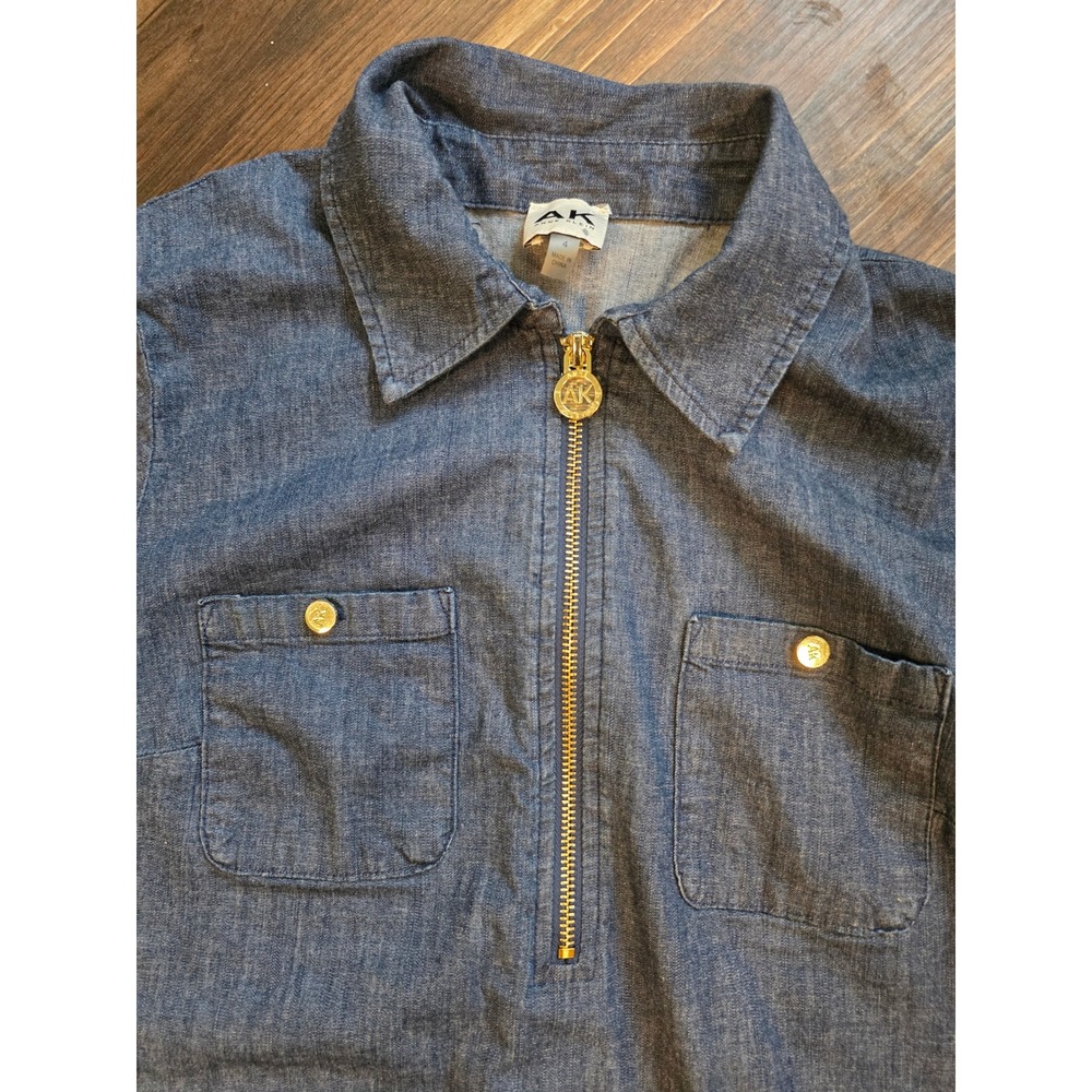 Anne Klein Denim Shift Dress Blue Half Zip Collared Womens 4 preppy granola - Picture 6 of 11